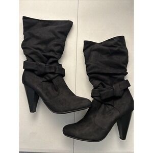 Self Esteem 8.5 Black Suede Mid Calf Slouch Boots 3.5 inch‎ heel DEANA BOW